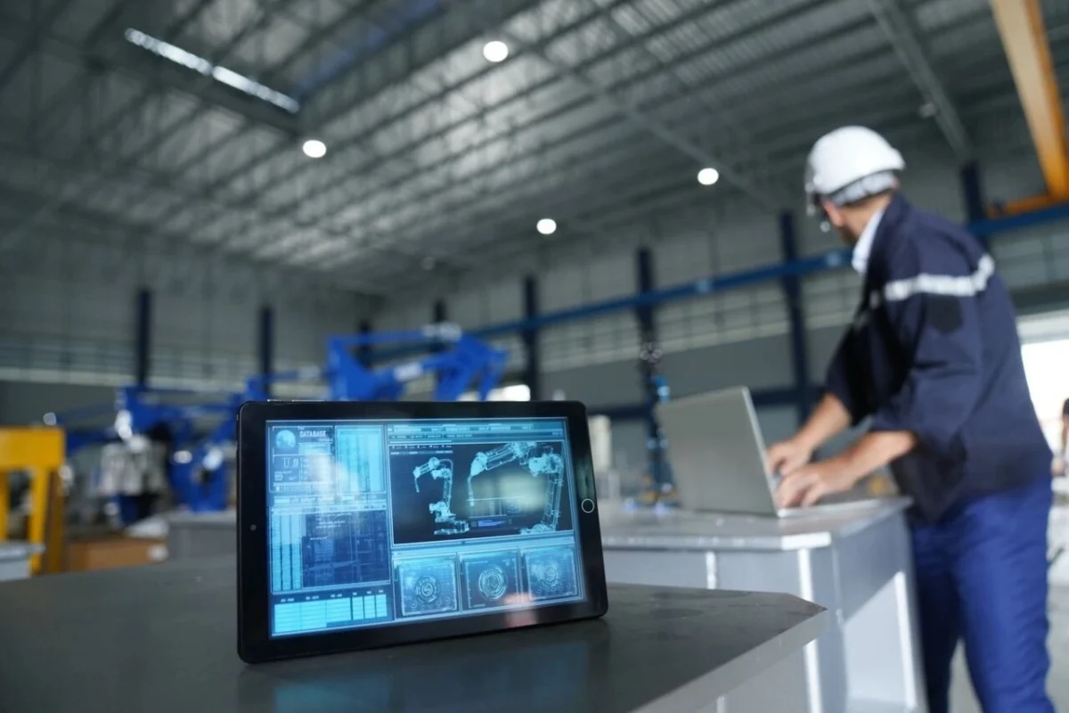 Industrial IoT software monitoring machine performance in manufacturing.