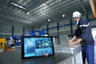 Industrial IoT software monitoring machine performance in manufacturing.