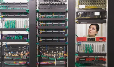 Network infrastructure equipment in a server room.
